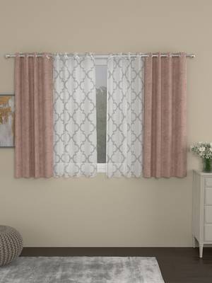 ROSARA HOME Jacquard Geometric Pack of 4 Regular and Sheer Window Curtains -5 Feet,Blush::White 1