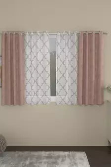 ROSARA HOME Jacquard Geometric Pack of 4 Regular and Sheer Window Curtains -5 Feet,Blush::White
