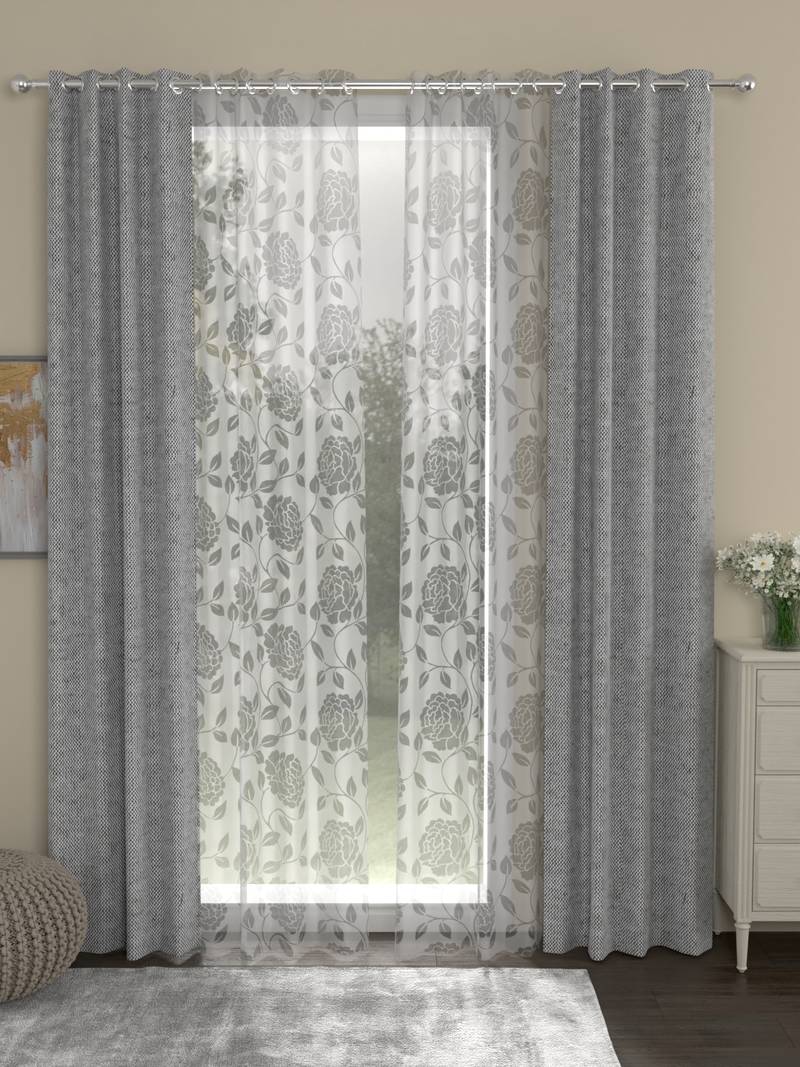 ROSARA HOME Solid Pack of 4 Regular and Sheer Long Door Curtains -9 Feet,Grey::White