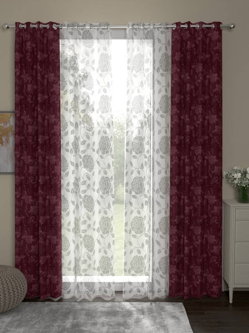 ROSARA HOME Jacquard Pack of 4 Regular and Sheer Long Door Curtains -9 Feet,Maroon::White