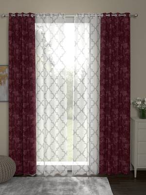 ROSARA HOME Jacquard Pack of 4 Regular and Sheer Long Door Curtains -9 Feet,Maroon::White 1