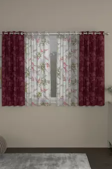 ROSARA HOME Jacquard Floral Pack of 4 Regular and Sheer Window Curtains -5 Feet,Maroon::Multicolor