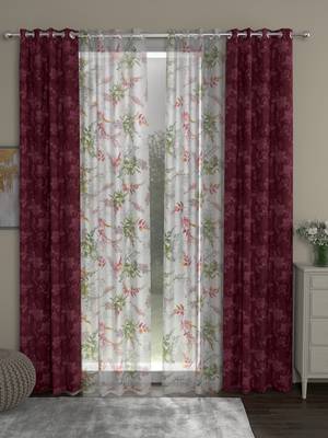 ROSARA HOME Jacquard Floral Pack of 4 Regular and Sheer Door Curtains -7 Feet,Maroon::Multicolor 1