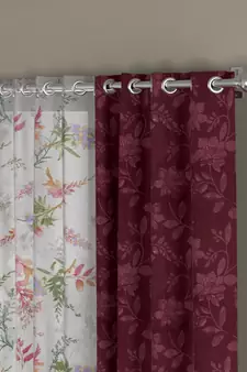 ROSARA HOME Jacquard Floral Pack of 4 Regular and Sheer Long Door Curtains -9 Feet,Maroon::Multicolor
