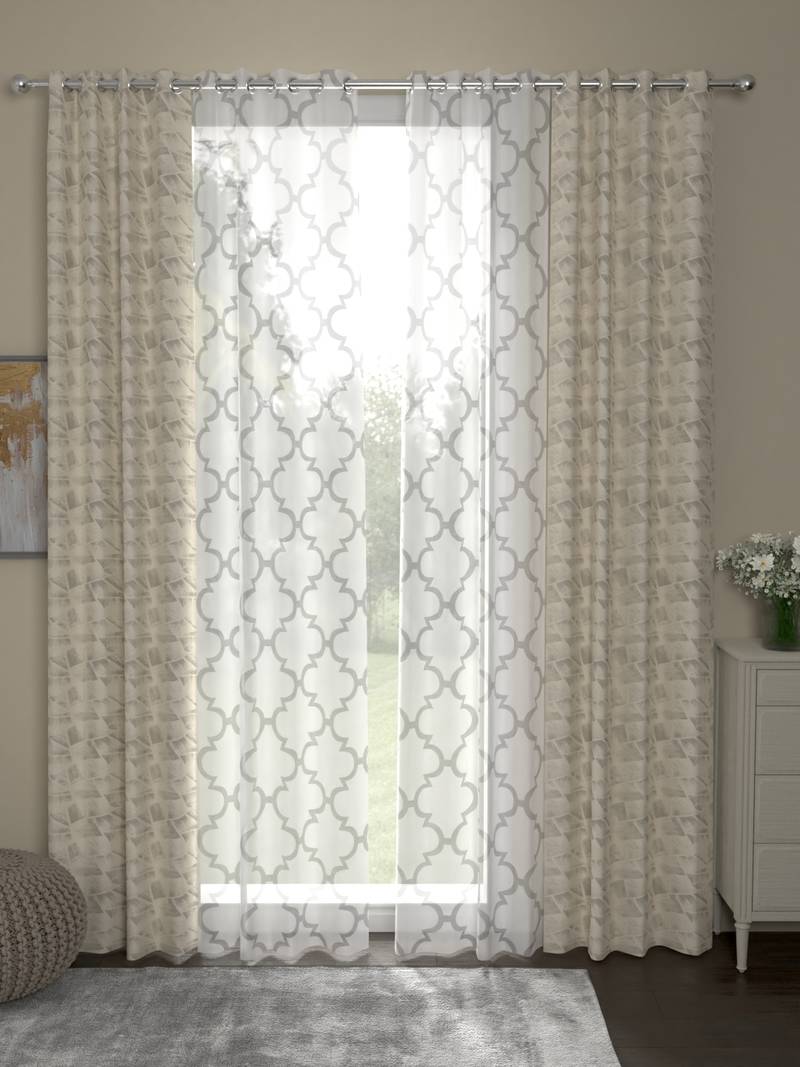 ROSARA HOME Jacquard Pack of 4 Regular and Sheer Long Door Curtains -9 Feet,Beige::White