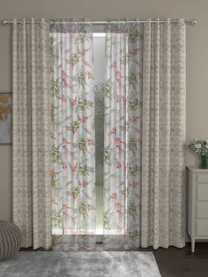 ROSARA HOME Jacquard Floral Pack of 4 Regular and Sheer Door Curtains -7 Feet,Beige::Multicolor 1