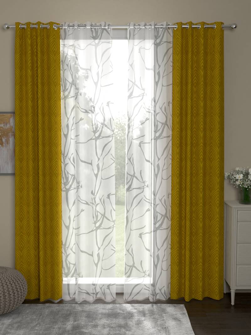 ROSARA HOME Jacquard Pack of 4 Regular and Sheer Long Door Curtains -9 Feet,Gold::White
