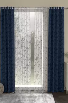 ROSARA HOME Jacquard Pack of 4 Regular and Sheer Long Door Curtains -9 Feet,Dark Blue::White