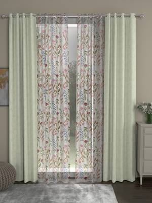 ROSARA HOME Jacquard Floral Pack of 4 Regular and Sheer Door Curtains -7 Feet,Off White::Multicolor 1