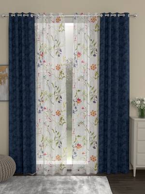 ROSARA HOME Jacquard Pack of 4 Regular and Sheer Long Door Curtains -9 Feet,Dark Blue 1
