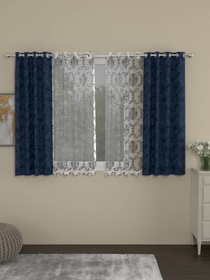 ROSARA HOME Jacquard Embroidered Pack of 4 Regular and Sheer Window Curtains -5 Feet,Dark Blue::Silver 1