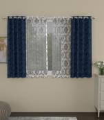 ROSARA HOME Jacquard Embroidered Pack of 4 Regular and Sheer Window Curtains -5 Feet,Dark Blue::Silver