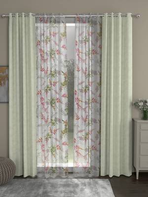 ROSARA HOME Jacquard Floral Pack of 4 Regular and Sheer Door Curtains -7 Feet,Off White::Multicolor 1