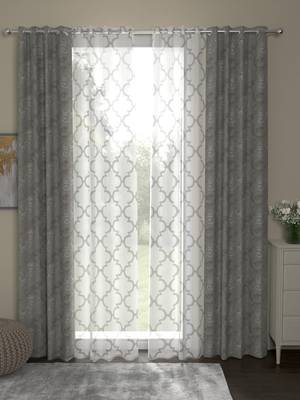 ROSARA HOME Jacquard Pack of 4 Regular and Sheer Long Door Curtains -9 Feet,Grey::White 1