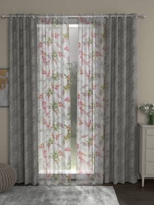 ROSARA HOME Jacquard Floral Pack of 4 Regular and Sheer Door Curtains -7 Feet,Grey::Multicolor 1