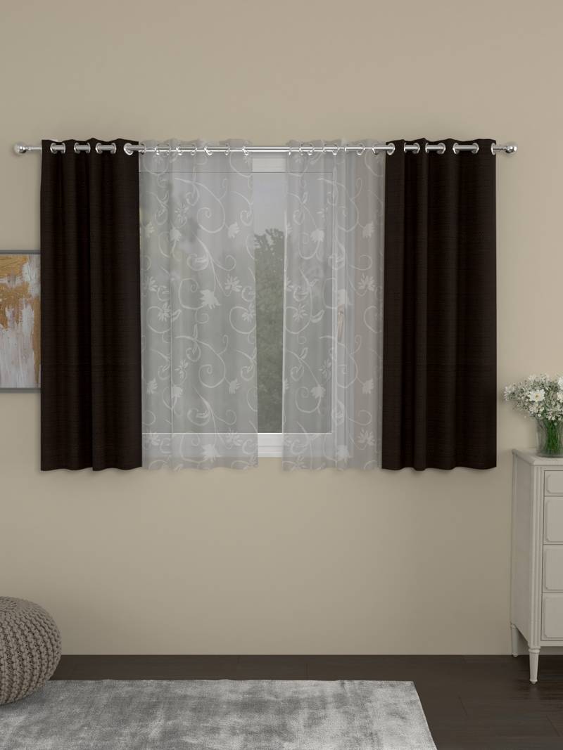 ROSARA HOME Solid Floral Pack of 4 Regular and Sheer Window Curtains -5 Feet,Dark Brown::White