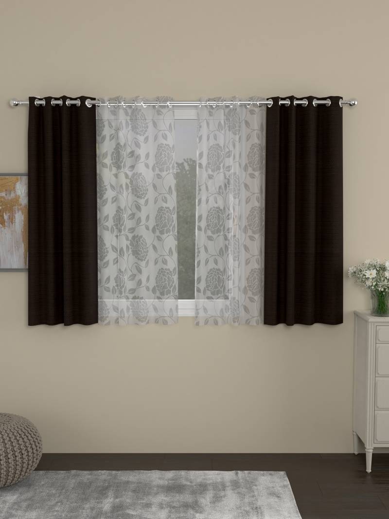 ROSARA HOME Solid Floral Pack of 4 Regular and Sheer Window Curtains -5 Feet,Dark Brown::White