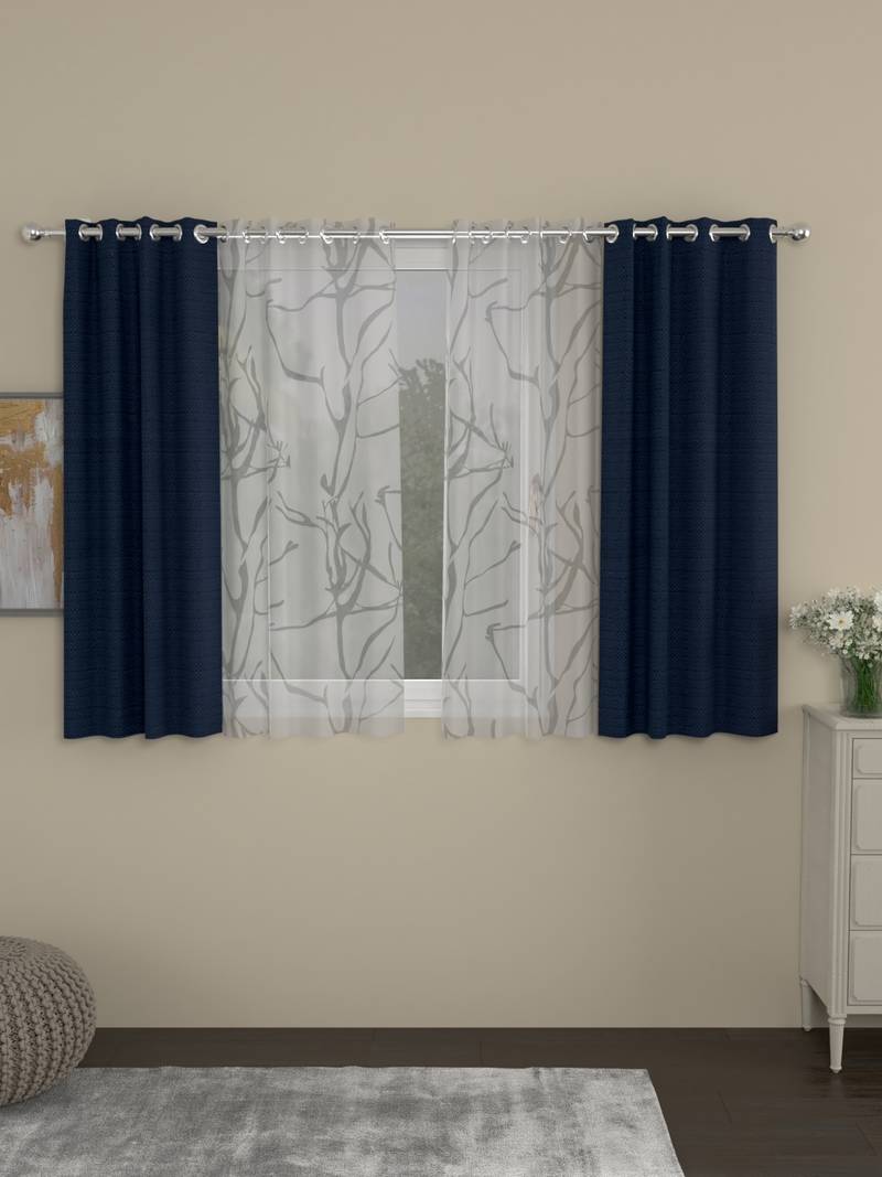 ROSARA HOME Solid Abstract Pack of 4 Regular and Sheer Window Curtains -5 Feet,Navy Blue::White