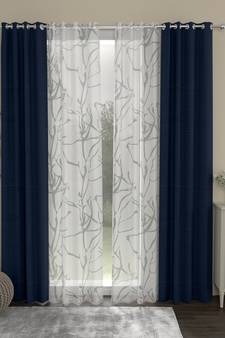 ROSARA HOME Solid Abstract Pack of 4 Regular and Sheer Door Curtains -7 Feet,Navy Blue::White