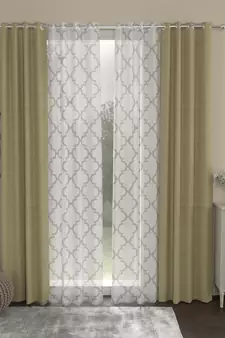 ROSARA HOME Solid Geometric Pack of 4 Regular and Sheer Door Curtains -7 Feet,Beige::White