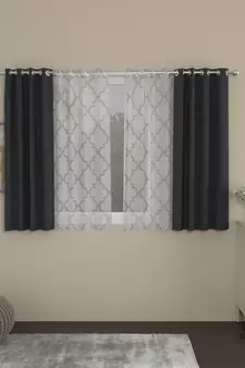 ROSARA HOME Solid Geometric Pack of 4 Regular and Sheer Window Curtains -5 Feet,Dark Grey::White