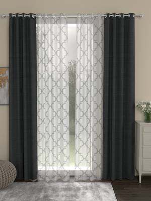 ROSARA HOME Solid Geometric Pack of 4 Regular and Sheer Door Curtains -7 Feet,Dark Grey::White 1