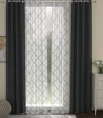 ROSARA HOME Solid Geometric Pack of 4 Regular and Sheer Door Curtains -7 Feet,Dark Grey::White