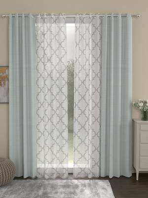 ROSARA HOME Solid Geometric Pack of 4 Regular and Sheer Long Door Curtains -9 Feet,Light Grey::White 1