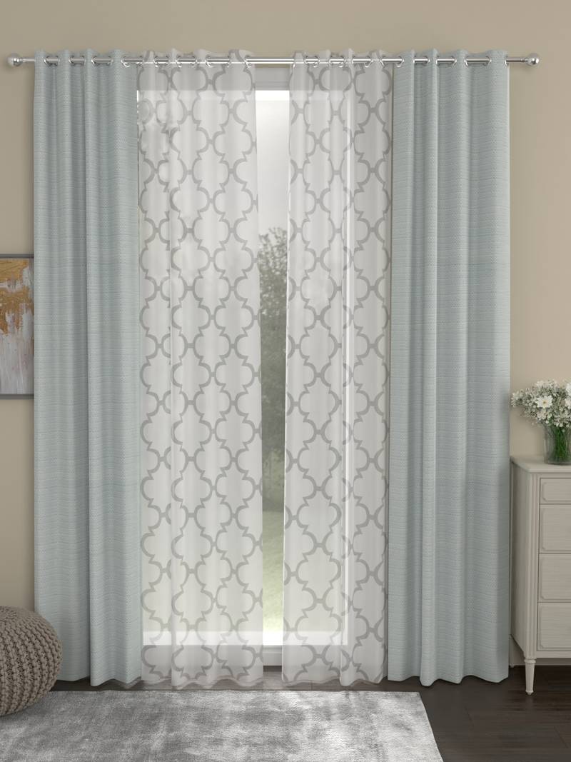 ROSARA HOME Solid Geometric Pack of 4 Regular and Sheer Long Door Curtains -9 Feet,Light Grey::White