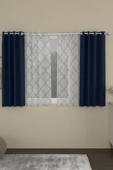 ROSARA HOME Solid Geometric Pack of 4 Regular and Sheer Window Curtains -5 Feet,Navy Blue::White