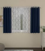 ROSARA HOME Solid Geometric Pack of 4 Regular and Sheer Window Curtains -5 Feet,Navy Blue::White