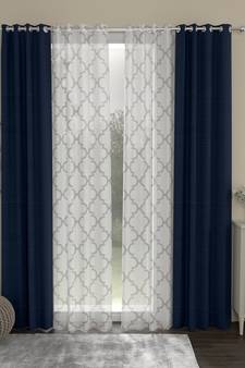 ROSARA HOME Solid Geometric Pack of 4 Regular and Sheer Door Curtains -7 Feet,Navy Blue::White