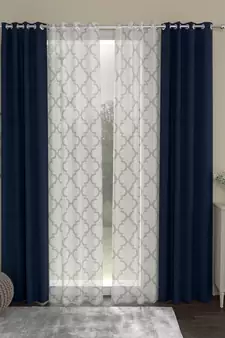 ROSARA HOME Solid Geometric Pack of 4 Regular and Sheer Door Curtains -7 Feet,Navy Blue::White