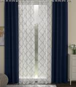 ROSARA HOME Solid Geometric Pack of 4 Regular and Sheer Door Curtains -7 Feet,Navy Blue::White