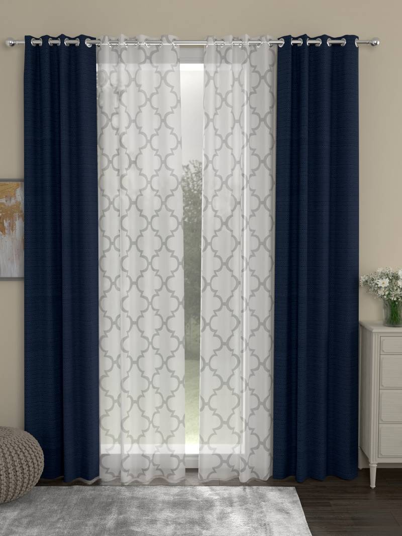 ROSARA HOME Solid Geometric Pack of 4 Regular and Sheer Door Curtains -7 Feet,Navy Blue::White