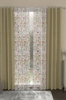 ROSARA HOME Solid Floral Pack of 4 Regular and Sheer Door Curtains -7 Feet,Beige::Multicolor