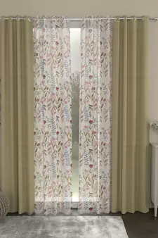 ROSARA HOME Solid Floral Pack of 4 Regular and Sheer Door Curtains -7 Feet,Beige::Multicolor