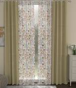 ROSARA HOME Solid Floral Pack of 4 Regular and Sheer Door Curtains -7 Feet,Beige::Multicolor