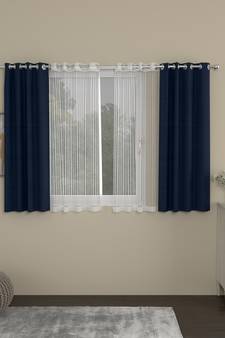 ROSARA HOME Solid Striped Pack of 4 Regular and Sheer Window Curtains -5 Feet,Navy Blue::White
