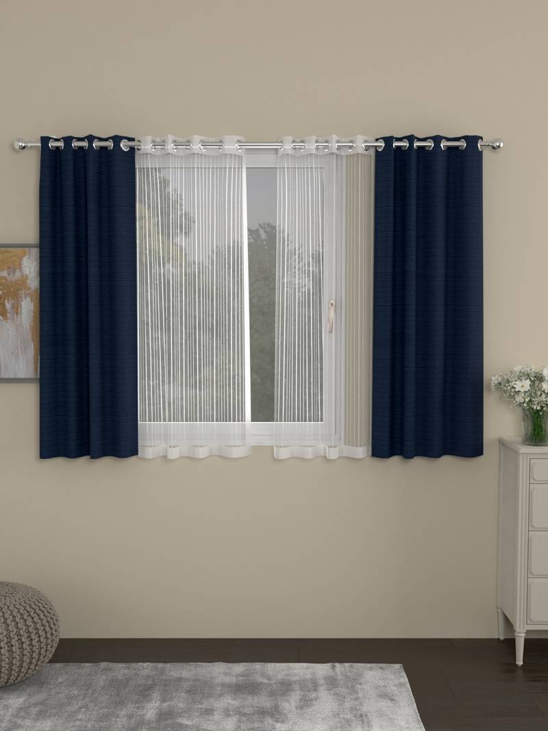 ROSARA HOME Solid Striped Pack of 4 Regular and Sheer Window Curtains -5 Feet,Navy Blue::White