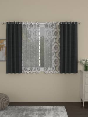 ROSARA HOME Solid Embroidered Pack of 4 Regular and Sheer Window Curtains -5 Feet,Dark Grey::Silver 1