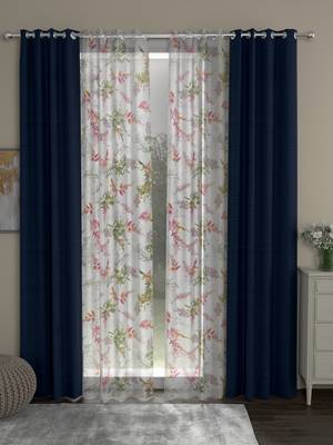 ROSARA HOME Solid Floral Pack of 4 Regular and Sheer Door Curtains -7 Feet,Navy Blue::Multicolor 1