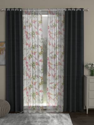 ROSARA HOME Solid Floral Pack of 4 Regular and Sheer Door Curtains -7 Feet,Dark Grey::Multicolor 1