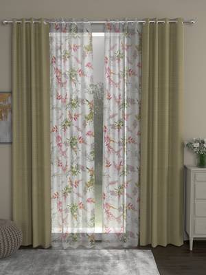 ROSARA HOME Solid Floral Pack of 4 Regular and Sheer Door Curtains -7 Feet,Beige::Multicolor 1