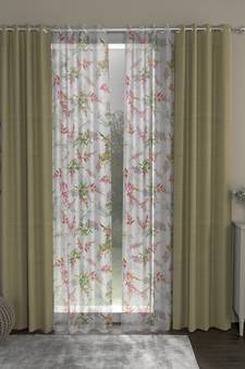ROSARA HOME Solid Floral Pack of 4 Regular and Sheer Door Curtains -7 Feet,Beige::Multicolor