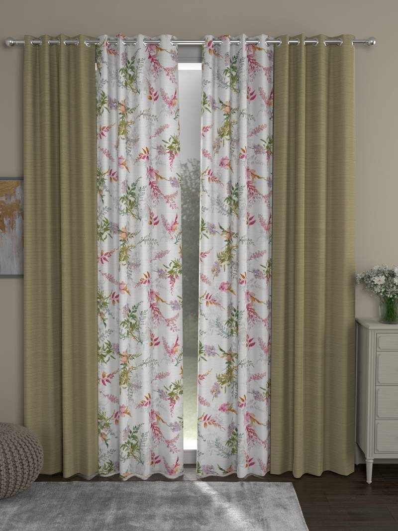 ROSARA HOME Solid Floral Pack of 4 Regular Long Door Curtains -9 Feet,Beige::Multicolor