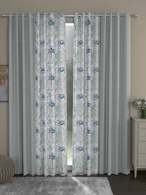 ROSARA HOME Solid Floral Pack of 4 Regular Long Door Curtains -9 Feet,Light Grey::Blue 1