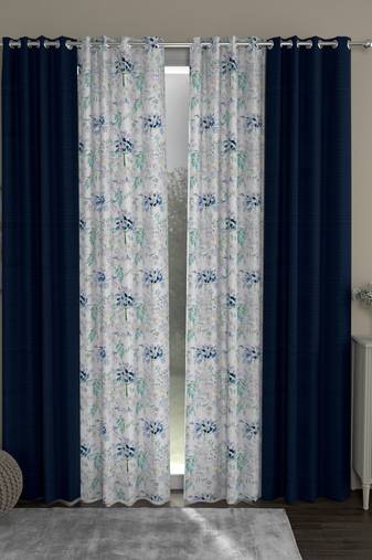 ROSARA HOME Solid Floral Pack of 4 Regular Door Curtains -7 Feet,Navy Blue::Blue