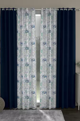 ROSARA HOME Solid Floral Pack of 4 Regular Door Curtains -7 Feet,Navy Blue::Blue