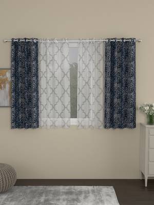 ROSARA HOME chevron Geometric Pack of 4 Regular and Sheer Window Curtains -5 Feet,Navy Blue::White 1